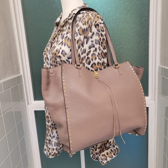 REBECCA MINKOFF DARREN DEEP TAUPE PEBBLED LEATHER STUDDED TOTE SHOULDER BAG - Picture 3 of 14